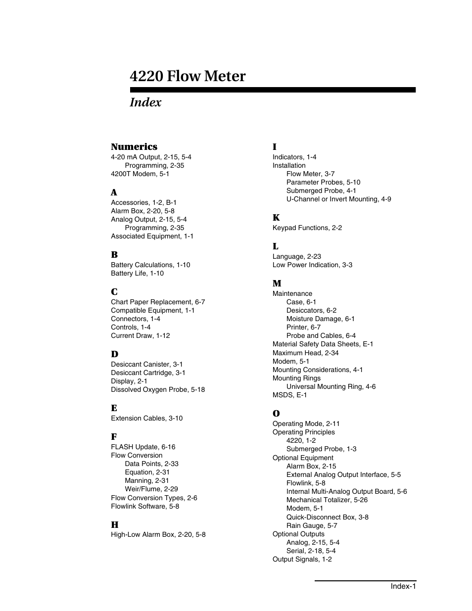 Index, 4220 flow meter | Teledyne 4220 User Manual | Page 191 / 198