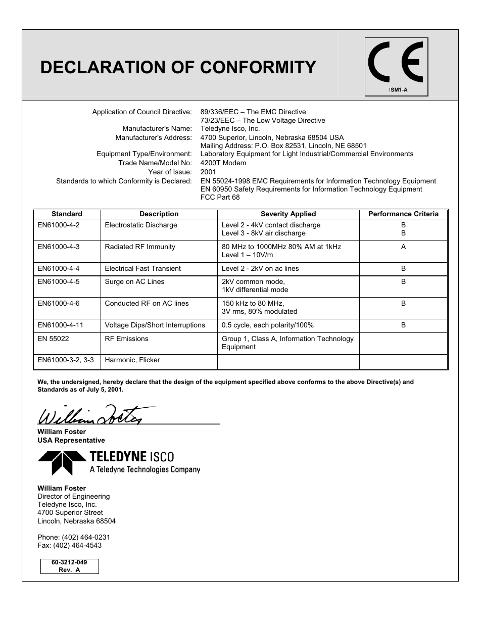 Declaration of conformity, Ce declar ati on of conf orm ity | Teledyne 4220 User Manual | Page 195 / 198