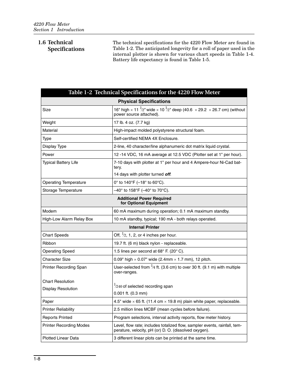 6 technical specifications, 6 technical specifications -8 | Teledyne 4220 User Manual | Page 22 / 198