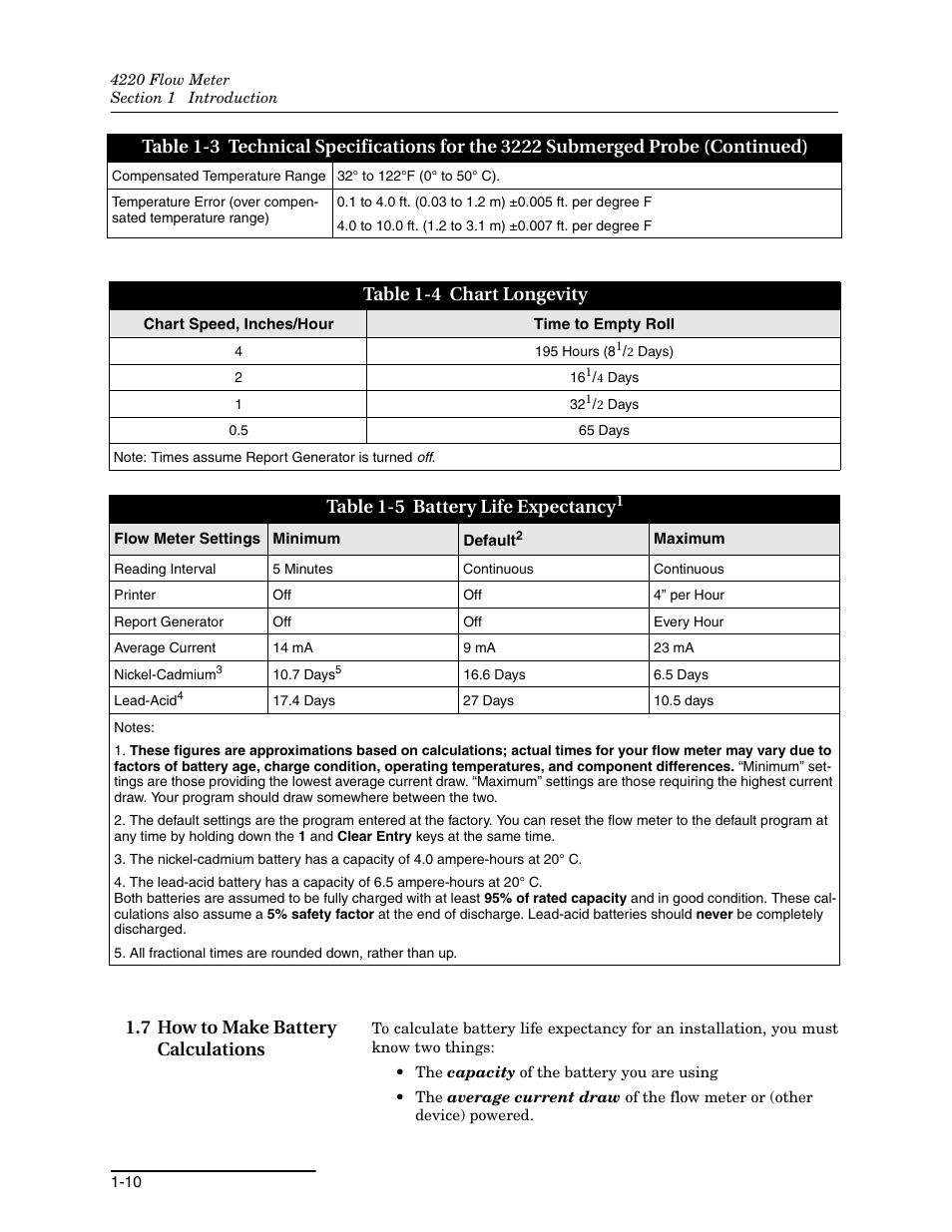 7 how to make battery calculations, 7 how to make battery calculations -10, Table 1-5 battery life expectancy | Teledyne 4220 User Manual | Page 24 / 198