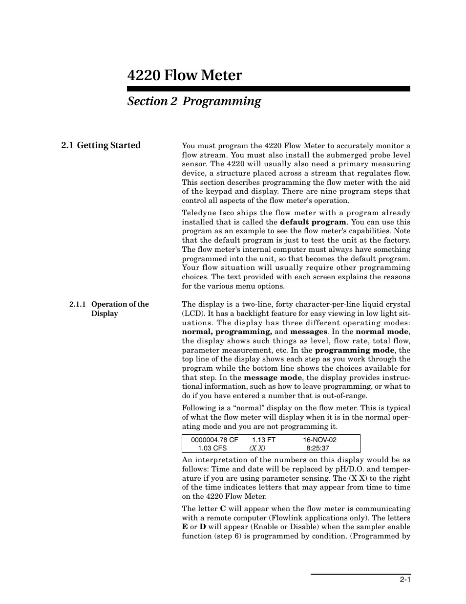 Section 2 programming, 1 getting started, 1 operation of the display | 1 getting started -1, 1 operation of the display -1, Ection 2, 4220 flow meter | Teledyne 4220 User Manual | Page 29 / 198