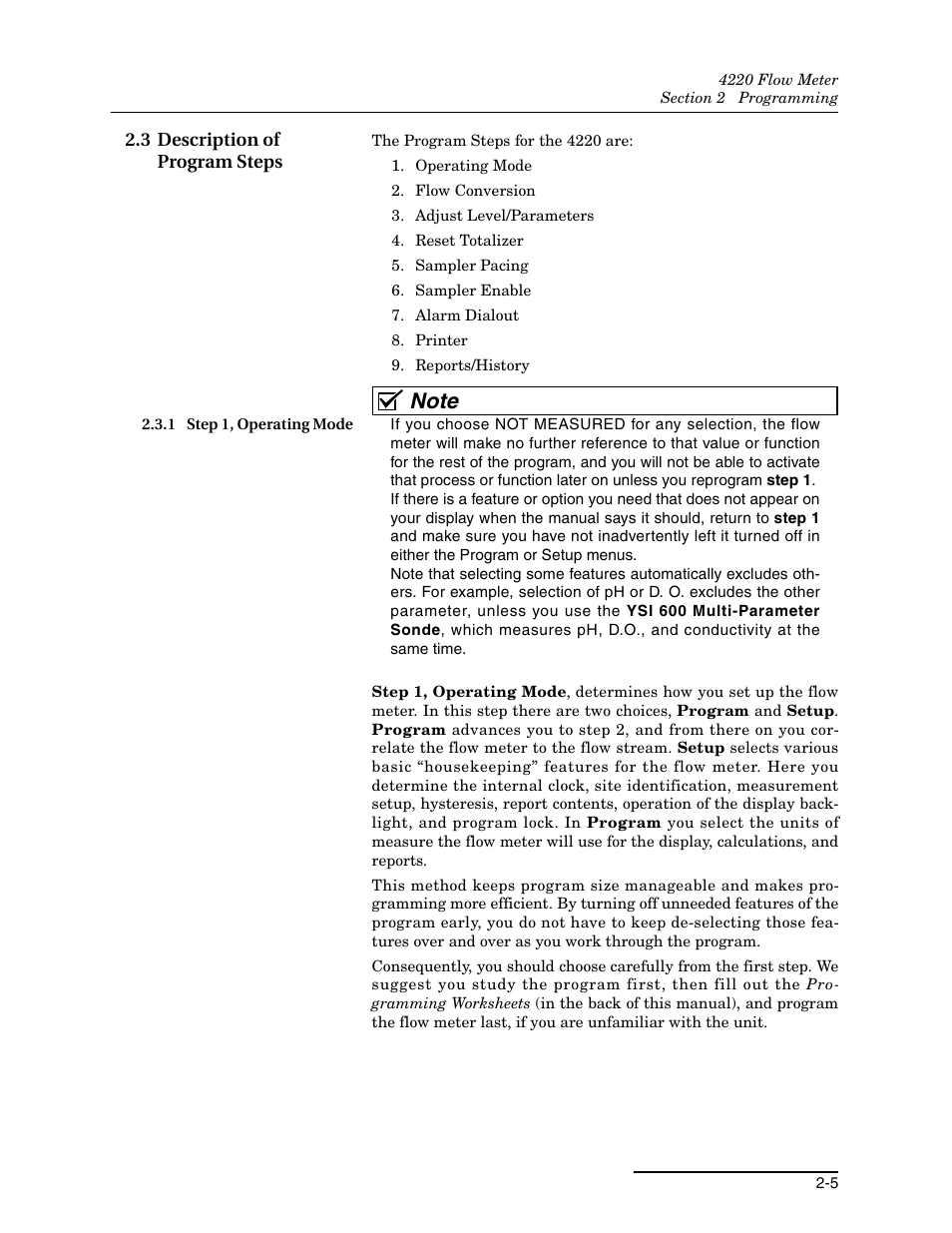 3 description of program steps, 1 step 1, operating mode, 3 description of program steps -5 | 1 step 1, operating mode -5 | Teledyne 4220 User Manual | Page 33 / 198