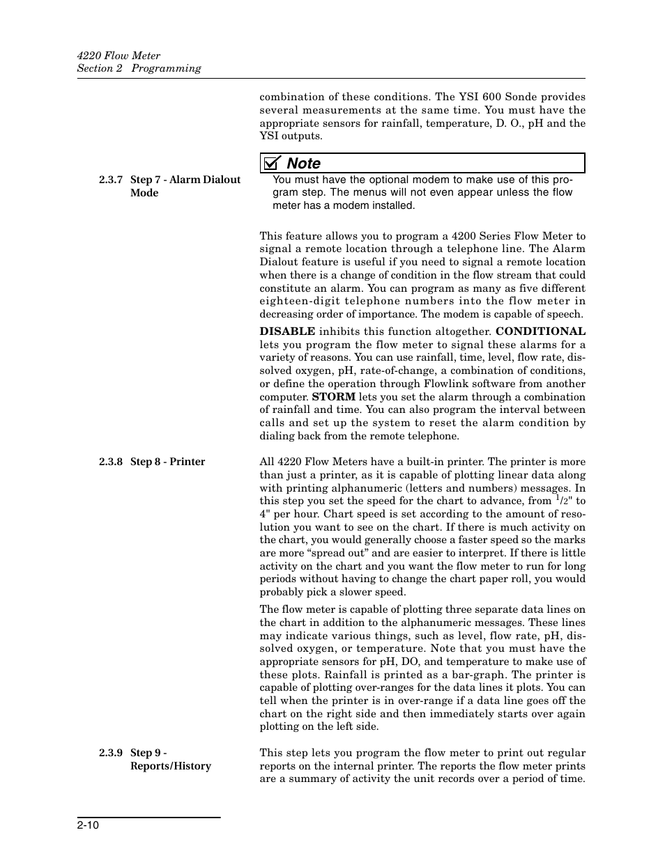 7 step 7 - alarm dialout mode, 8 step 8 - printer, 9 step 9 - reports/history | Teledyne 4220 User Manual | Page 38 / 198