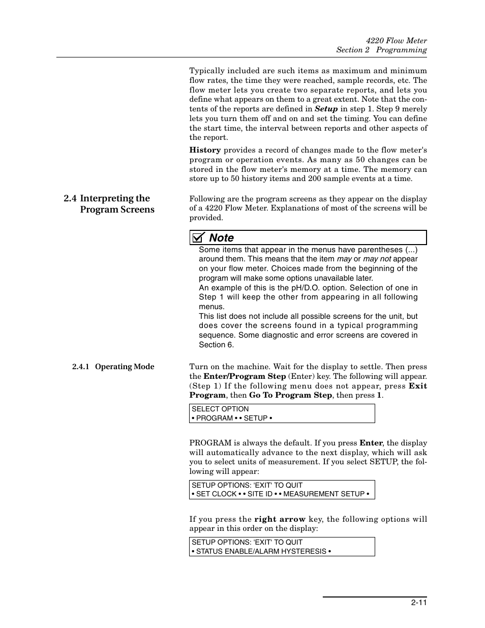 4 interpreting the program screens, 1 operating mode, 4 interpreting the program screens -11 | 1 operating mode -11 | Teledyne 4220 User Manual | Page 39 / 198