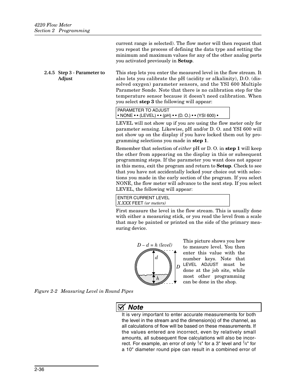 5 step 3 - parameter to adjust, 5 step 3 - parameter to adjust -36, 2 measuring level in round pipes -36 | Teledyne 4220 User Manual | Page 64 / 198