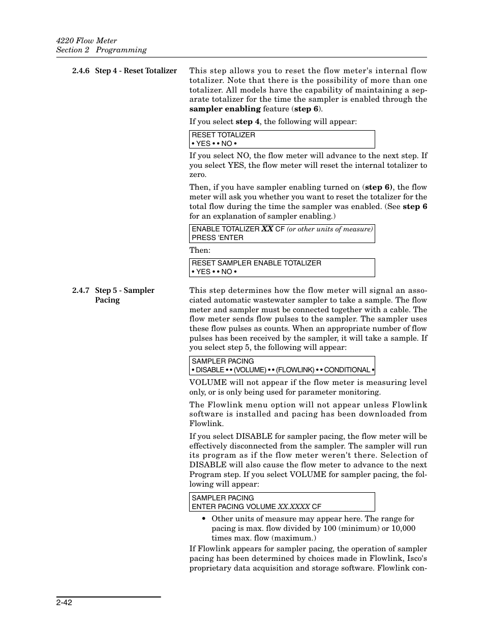 6 step 4 - reset totalizer, 7 step 5 - sampler pacing | Teledyne 4220 User Manual | Page 70 / 198