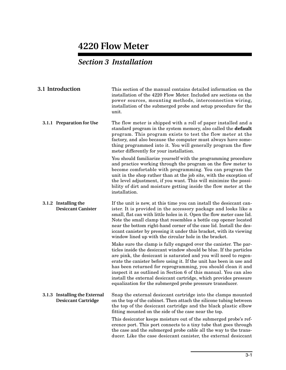 Section 3 installation, 1 introduction, 1 preparation for use | 2 installing the desiccant canister, 3 installing the external desiccant cartridge, 1 introduction -1, Ection 3, 4220 flow meter | Teledyne 4220 User Manual | Page 83 / 198