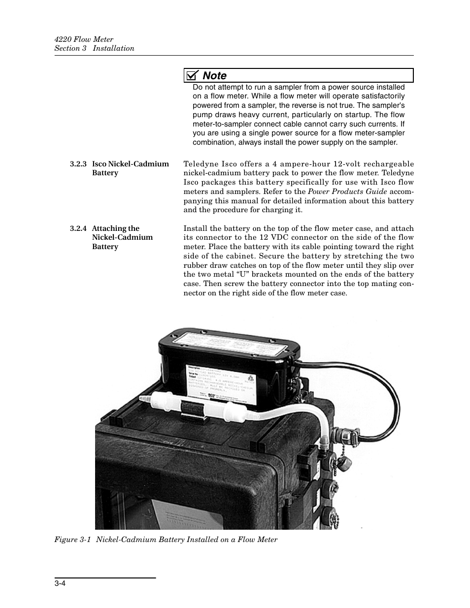 3 isco nickel-cadmium battery, 4 attaching the nickel-cadmium battery | Teledyne 4220 User Manual | Page 86 / 198