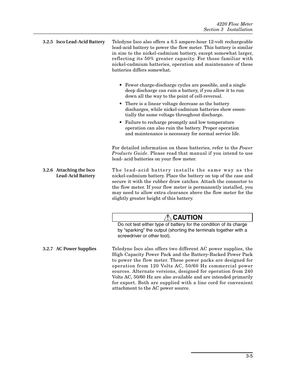 5 isco lead-acid battery, 6 attaching the isco lead-acid battery, 7 ac power supplies | Caution | Teledyne 4220 User Manual | Page 87 / 198