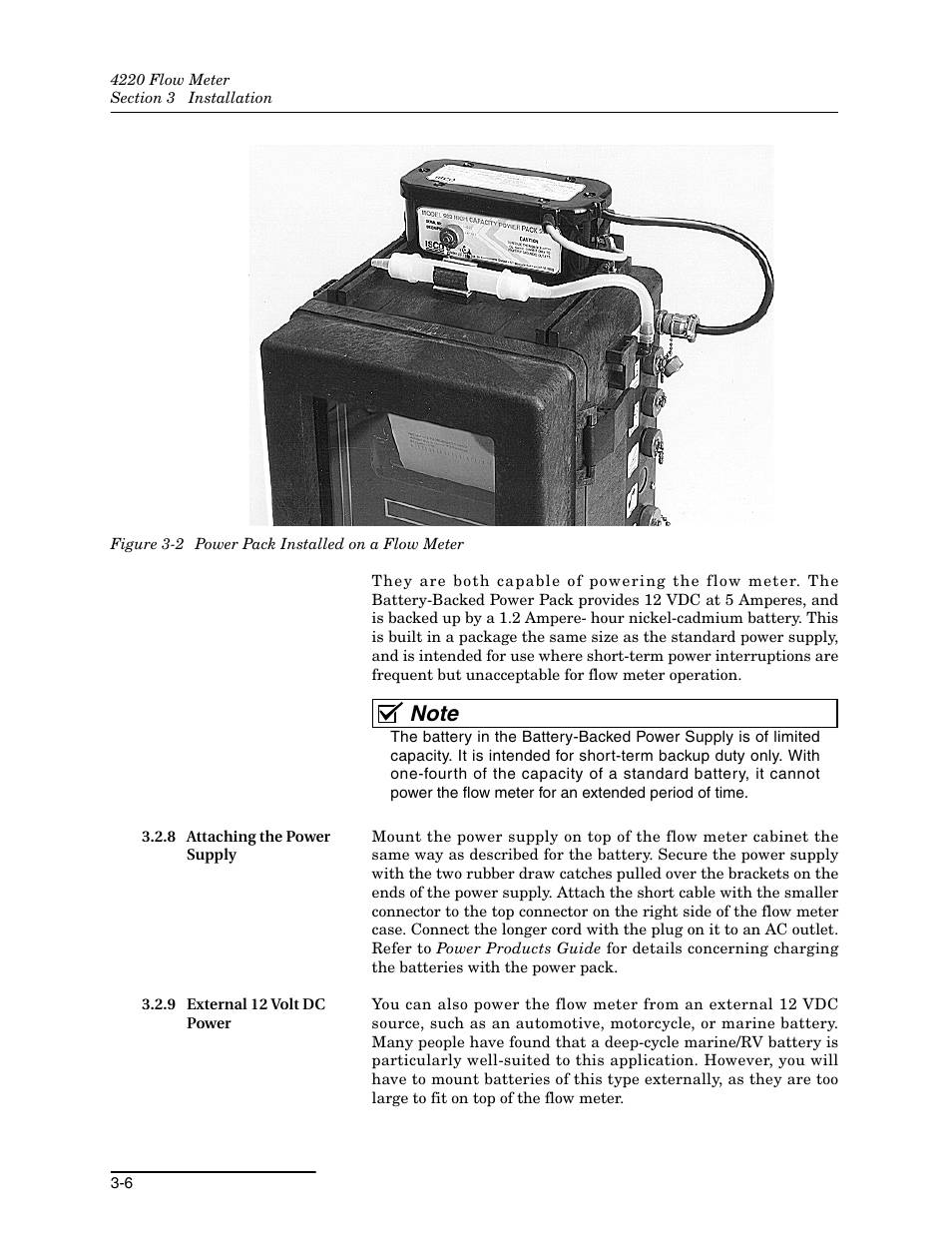 8 attaching the power supply, 9 external 12 volt dc power, 2 power pack installed on a flow meter -6 | Teledyne 4220 User Manual | Page 88 / 198