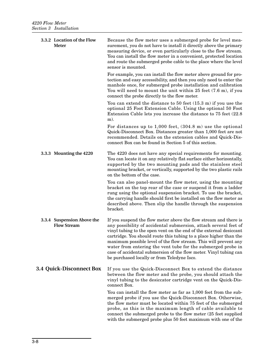 2 location of the flow meter, 3 mounting the 4220, 4 suspension above the flow stream | 4 quick-disconnect box, 4 quick-disconnect box -8 | Teledyne 4220 User Manual | Page 90 / 198