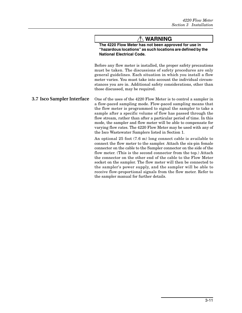 7 isco sampler interface, 7 isco sampler interface -11, Warning | Teledyne 4220 User Manual | Page 93 / 198