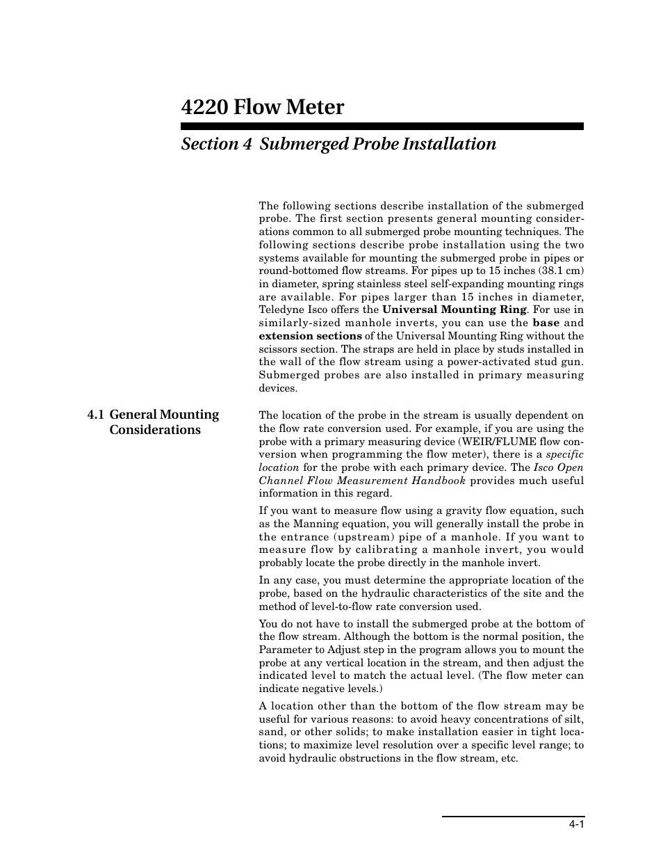 Section 4 submerged probe installation, 1 general mounting considerations, 1 general mounting considerations -1 | Ection 4: installation, 4220 flow meter | Teledyne 4220 User Manual | Page 95 / 198