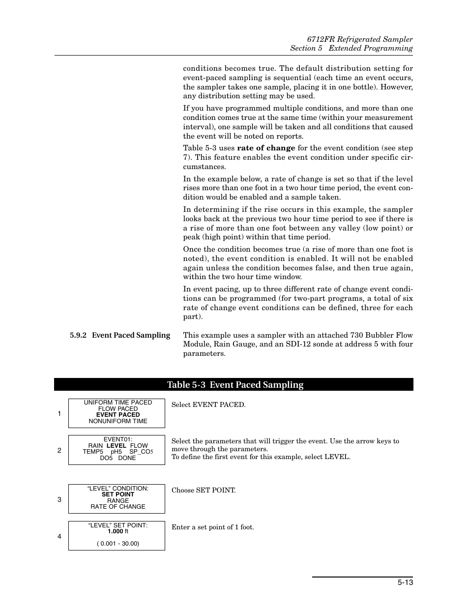 2 event paced sampling, 2 event paced sampling -13, 3 event paced sampling -13 | Table 5-3 event paced sampling | Teledyne Refrigerated Sampler 6712FR User Manual | Page 101 / 244