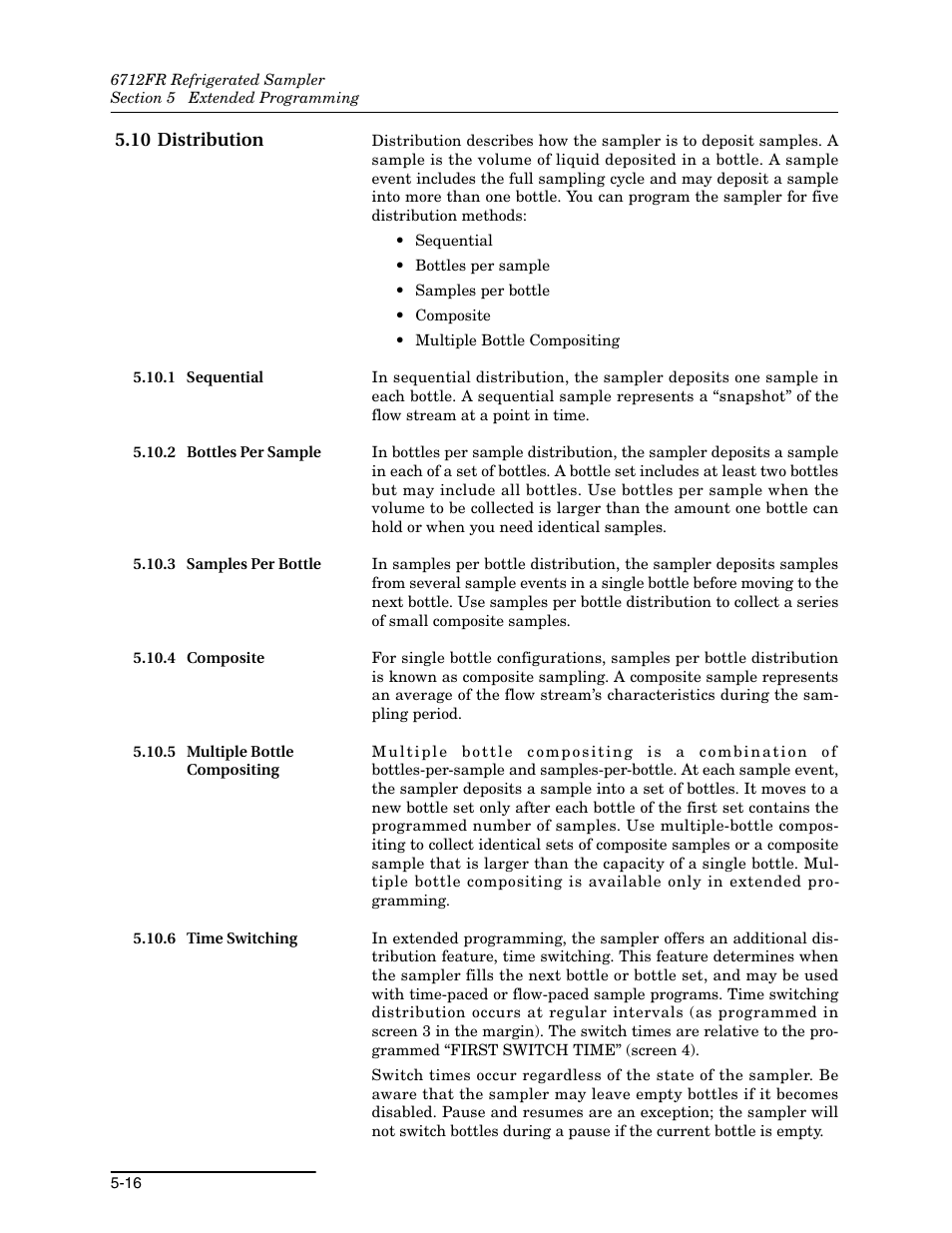 10 distribution, 1 sequential, 2 bottles per sample | 3 samples per bottle, 4 composite, 5 multiple bottle compositing, 6 time switching, 10 distribution -16 | Teledyne Refrigerated Sampler 6712FR User Manual | Page 104 / 244