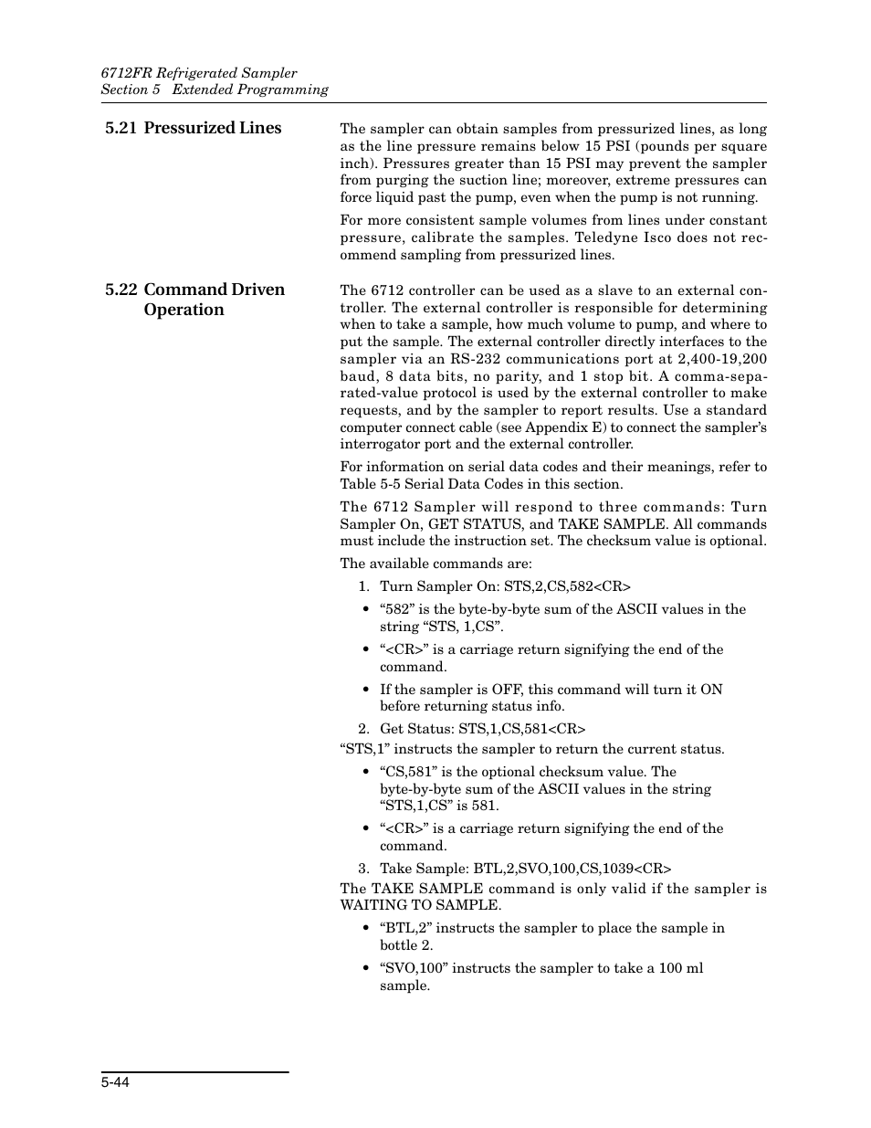 21 pressurized lines, 22 command driven operation, 21 pressurized lines -44 | 22 command driven operation -44 | Teledyne Refrigerated Sampler 6712FR User Manual | Page 132 / 244