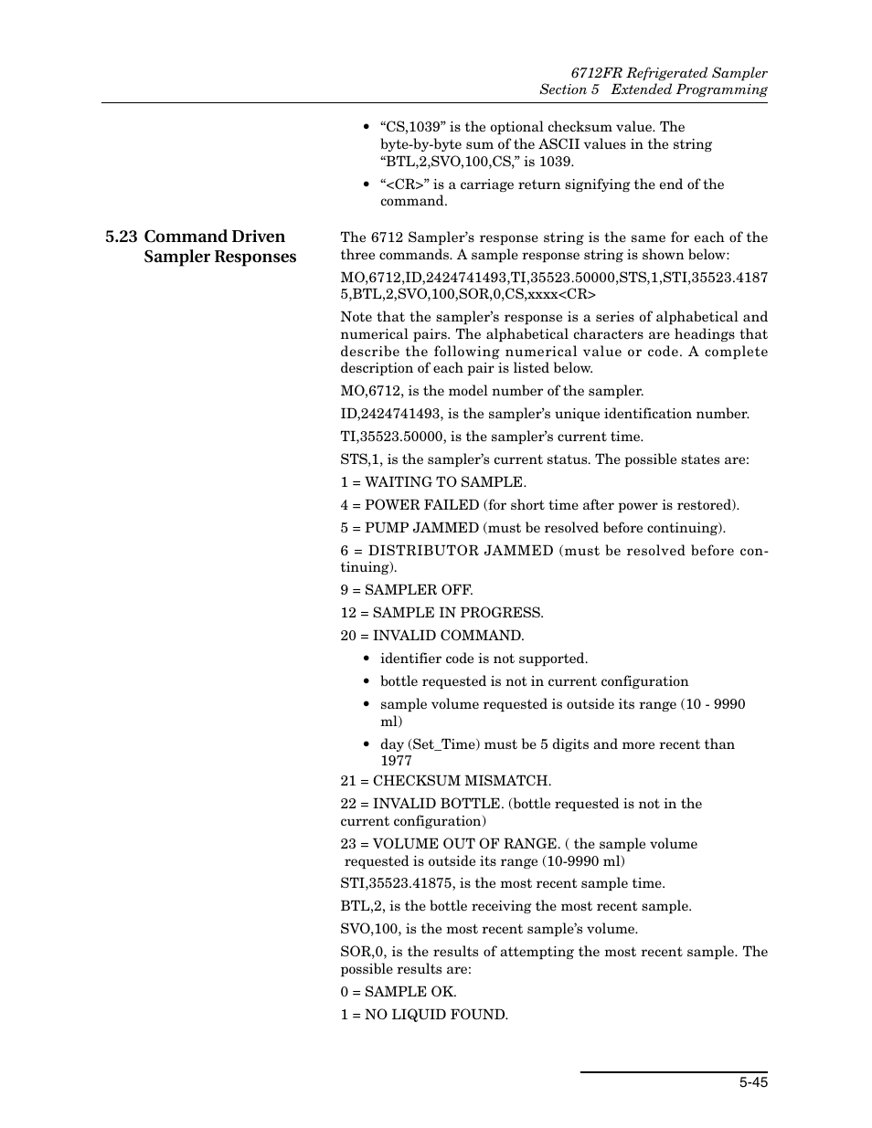 23 command driven sampler responses, 23 command driven sampler responses -45 | Teledyne Refrigerated Sampler 6712FR User Manual | Page 133 / 244