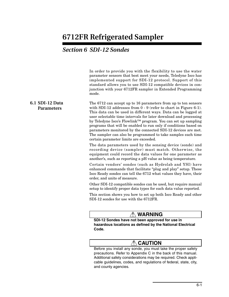 Section 6 sdi-12 sondes, 1 sdi-12 data parameters, 1 sdi-12 data parameters -1 | 6712fr refrigerated sampler | Teledyne Refrigerated Sampler 6712FR User Manual | Page 135 / 244