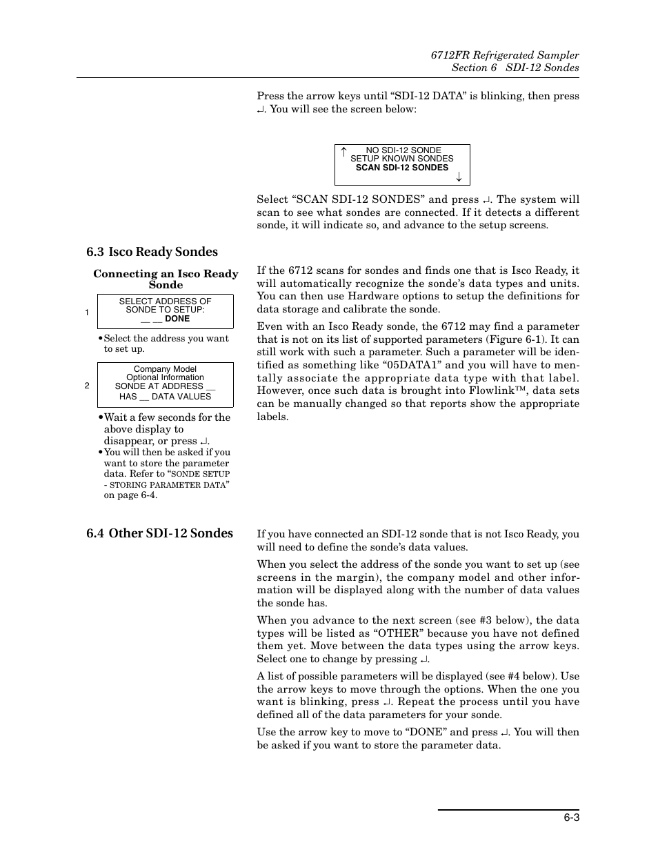 3 isco ready sondes, 4 other sdi-12 sondes, 3 isco ready sondes -3 6.4 other sdi-12 sondes -3 | Teledyne Refrigerated Sampler 6712FR User Manual | Page 137 / 244