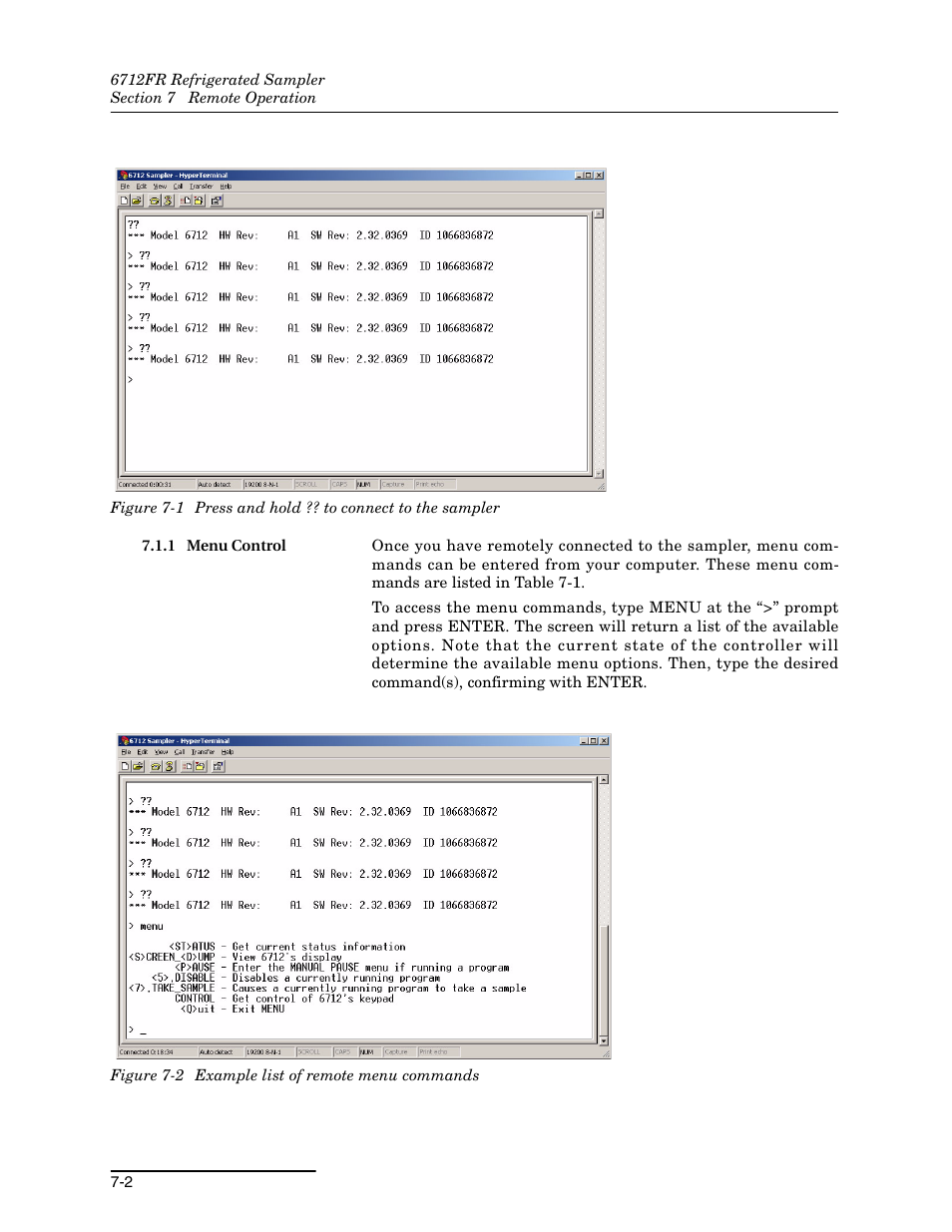 1 menu control, 1 menu control -2 | Teledyne Refrigerated Sampler 6712FR User Manual | Page 144 / 244