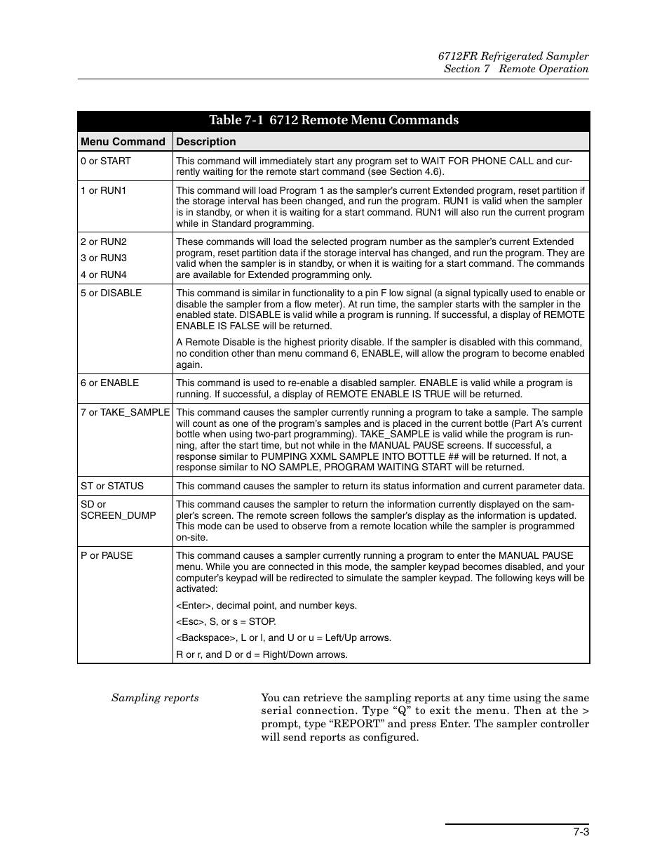 1 6712 remote menu commands -3 | Teledyne Refrigerated Sampler 6712FR User Manual | Page 145 / 244