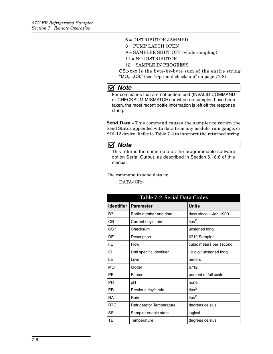 2 serial data codes -6, Table 7-2 serial data codes | Teledyne Refrigerated Sampler 6712FR User Manual | Page 148 / 244