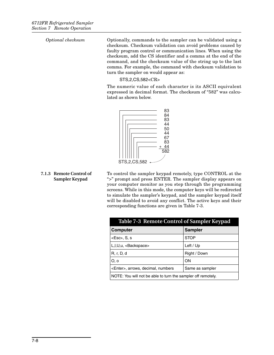 3 remote control of sampler keypad, 3 remote control of sampler keypad -8 | Teledyne Refrigerated Sampler 6712FR User Manual | Page 150 / 244