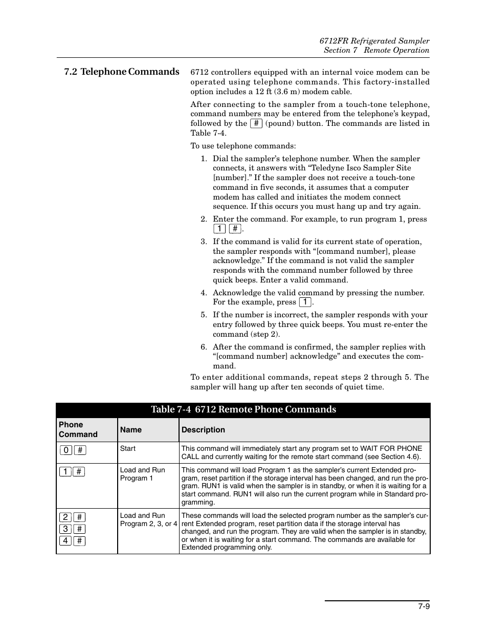 2 telephone commands, 2 telephone commands -9, 4 6712 remote phone commands -9 | Teledyne Refrigerated Sampler 6712FR User Manual | Page 151 / 244