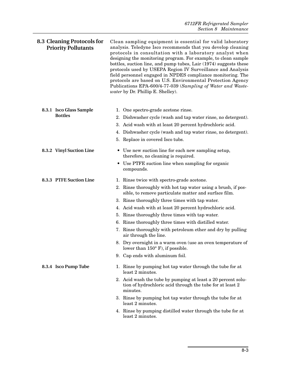 3 cleaning protocols for priority pollutants, 1 isco glass sample bottles, 2 vinyl suction line | 3 ptfe suction line, 4 isco pump tube, 3 cleaning protocols for priority pollutants -3 | Teledyne Refrigerated Sampler 6712FR User Manual | Page 155 / 244