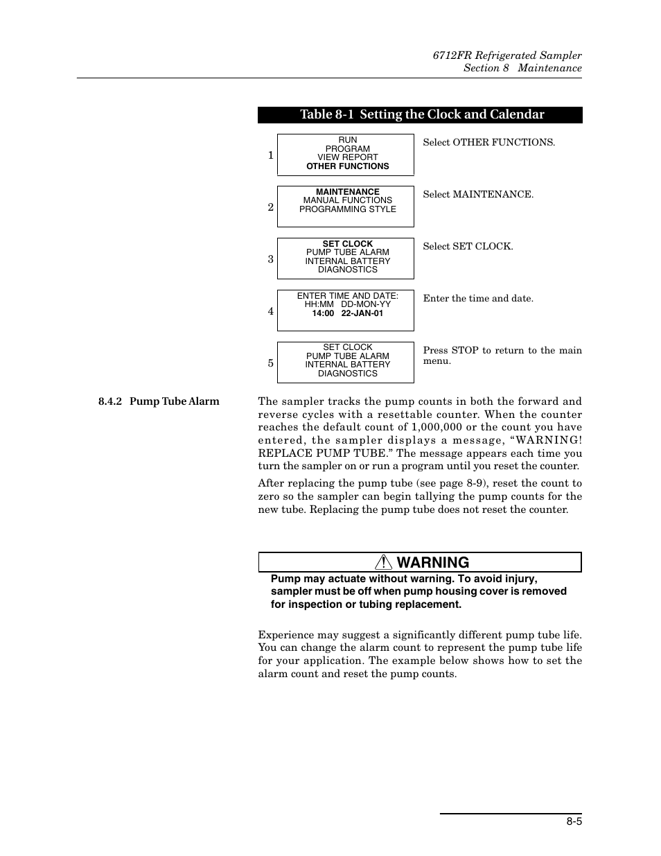 2 pump tube alarm, 2 pump tube alarm -5, 1 setting the clock and calendar -5 | Warning, Table 8-1 setting the clock and calendar | Teledyne Refrigerated Sampler 6712FR User Manual | Page 157 / 244