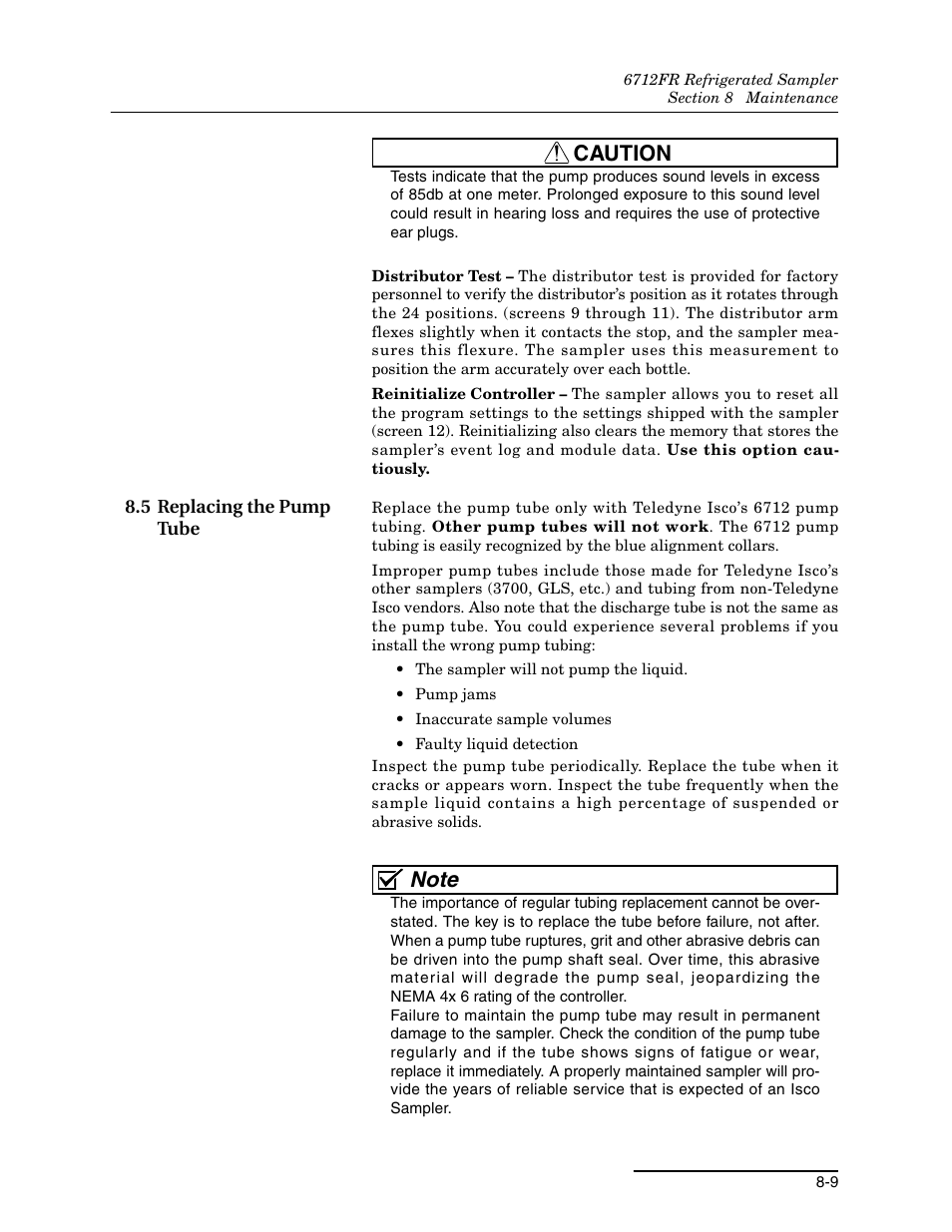 5 replacing the pump tube, 5 replacing the pump tube -9, Caution | Teledyne Refrigerated Sampler 6712FR User Manual | Page 161 / 244