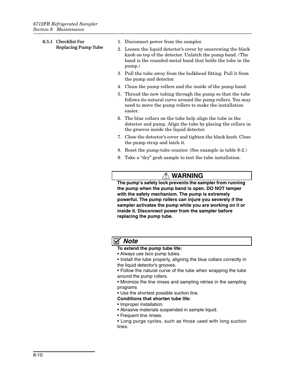 1 checklist for replacing pump tube, 1 checklist for replacing pump tube -10, Warning | Teledyne Refrigerated Sampler 6712FR User Manual | Page 162 / 244