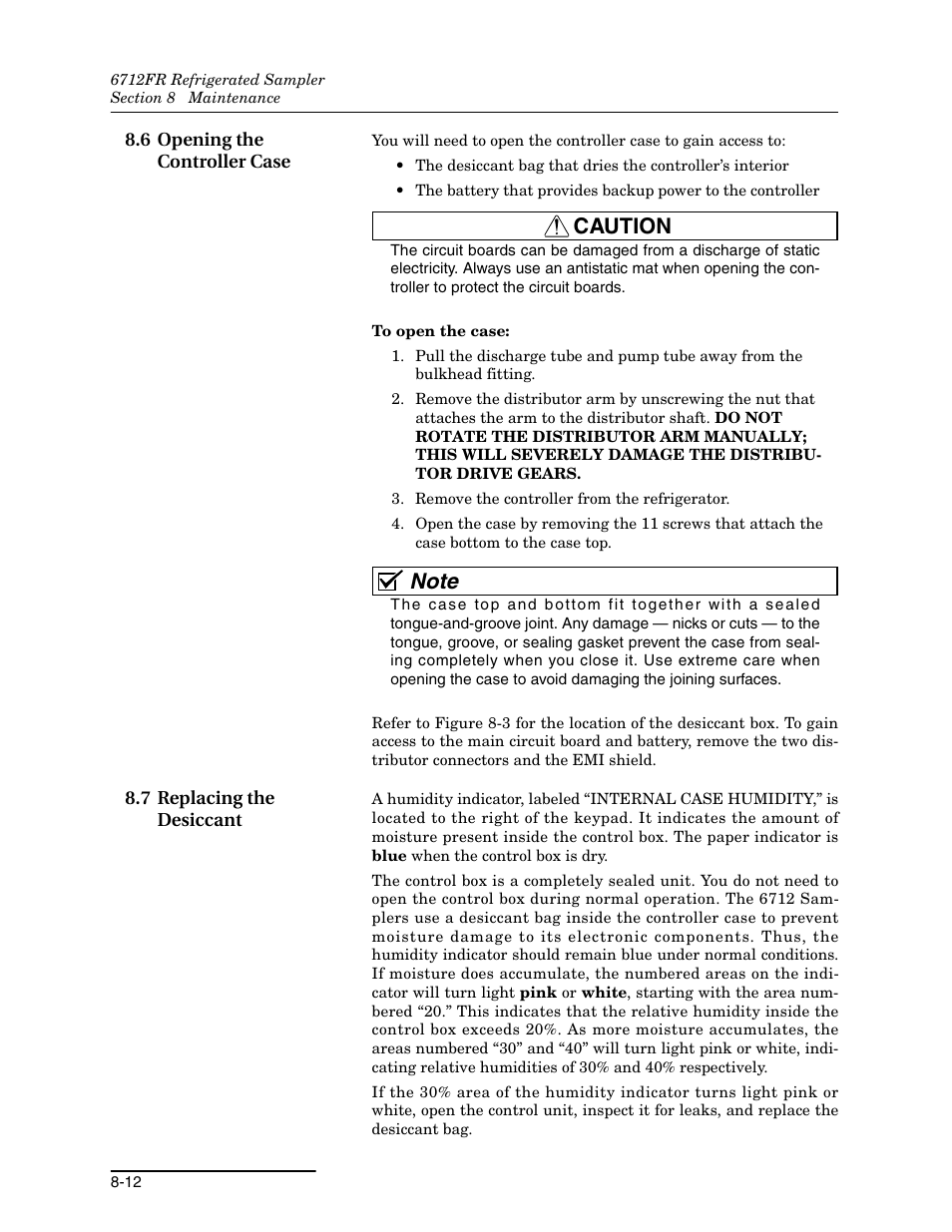 6 opening the controller case, 7 replacing the desiccant, Caution | Teledyne Refrigerated Sampler 6712FR User Manual | Page 164 / 244