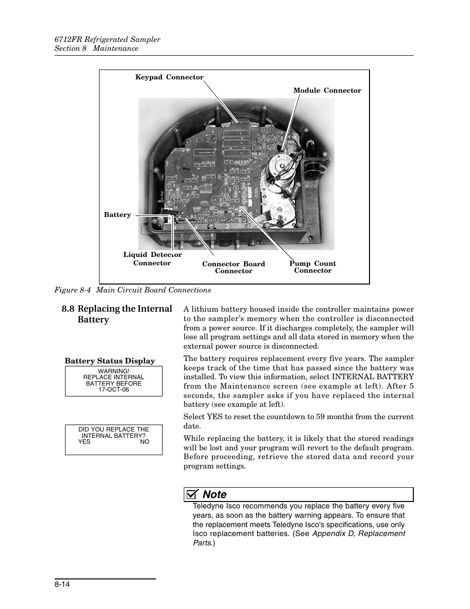 8 replacing the internal battery, 8 replacing the internal battery -14, 4 main circuit board connections -14 | Teledyne Refrigerated Sampler 6712FR User Manual | Page 166 / 244