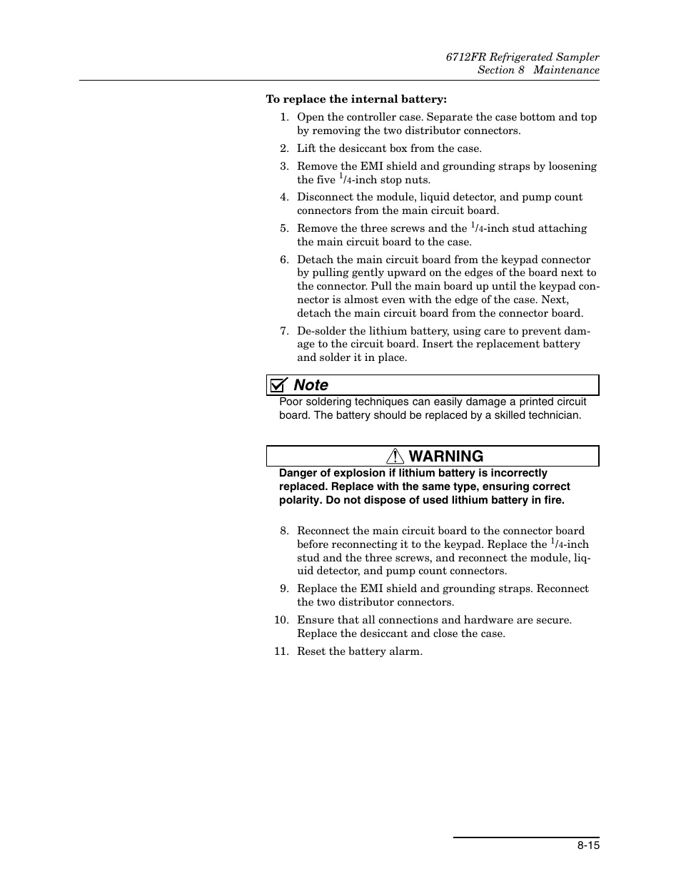 Warning | Teledyne Refrigerated Sampler 6712FR User Manual | Page 167 / 244