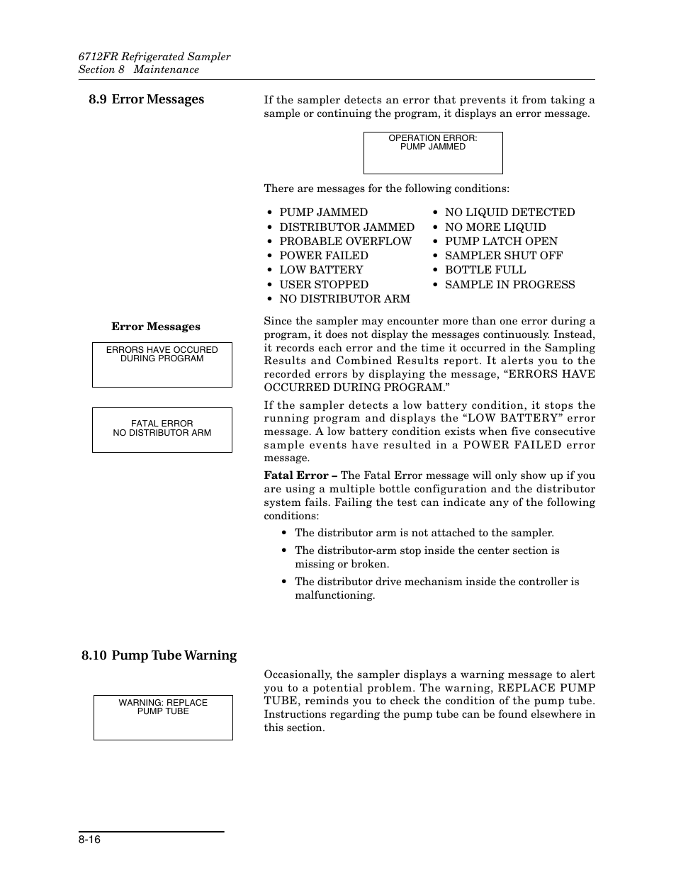 9 error messages, 10 pump tube warning, 9 error messages -16 8.10 pump tube warning -16 | Teledyne Refrigerated Sampler 6712FR User Manual | Page 168 / 244