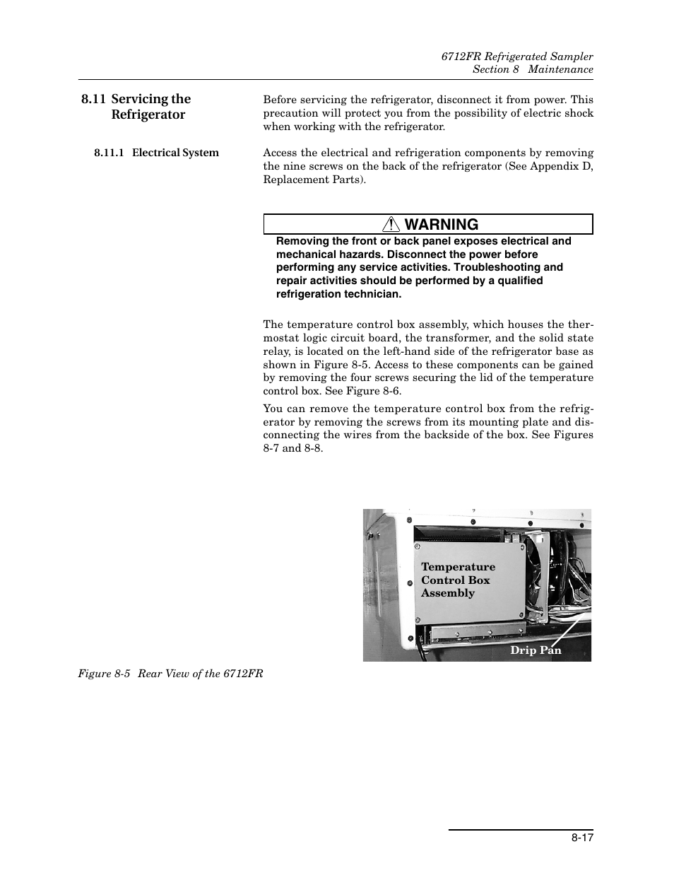 11 servicing the refrigerator, 1 electrical system, 11 servicing the refrigerator -17 | 1 electrical system -17, 5 rear view of the 6712fr -17, Warning | Teledyne Refrigerated Sampler 6712FR User Manual | Page 169 / 244