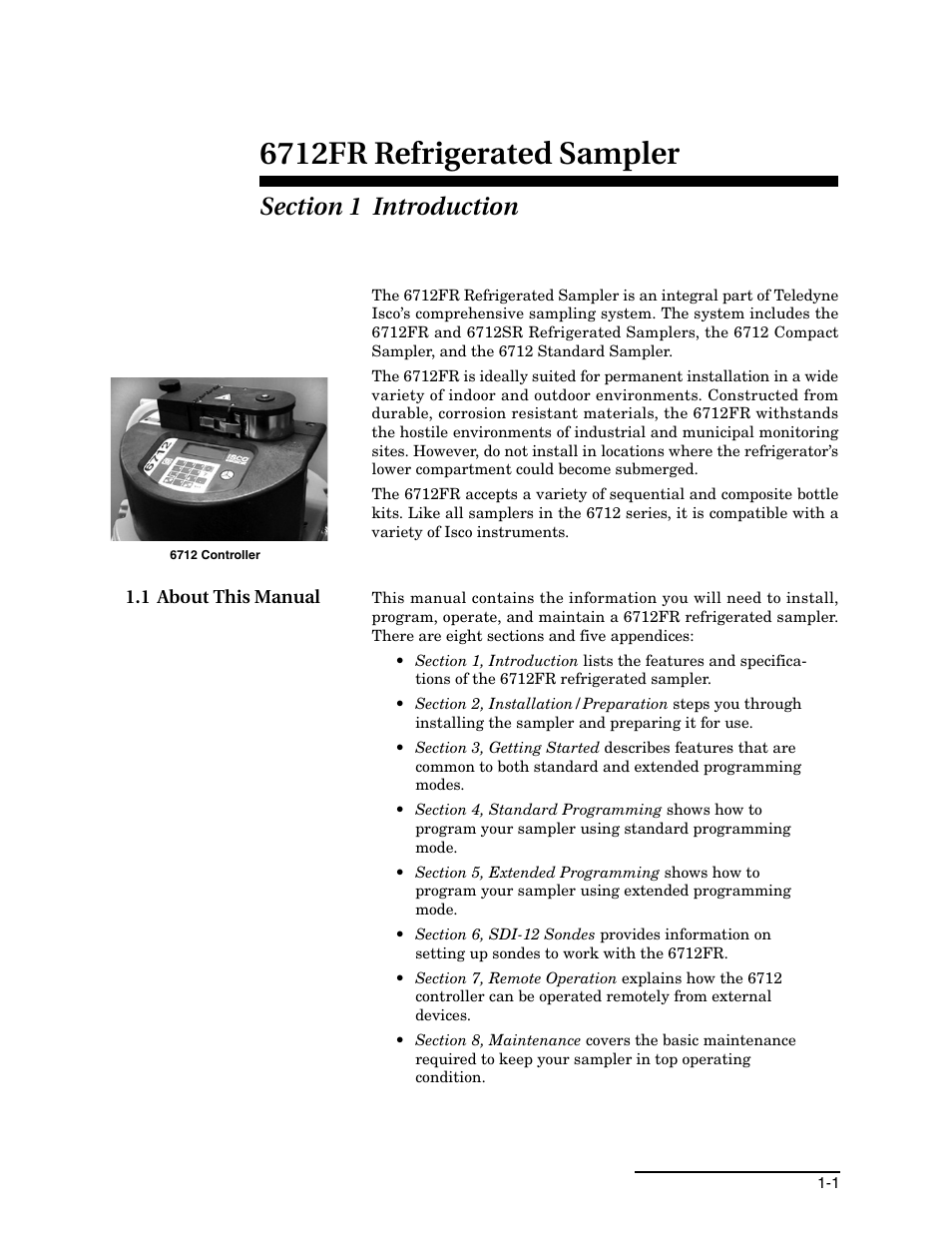 Section 1 introduction, 1 about this manual, 1 about this manual -1 | 6712fr refrigerated sampler | Teledyne Refrigerated Sampler 6712FR User Manual | Page 17 / 244