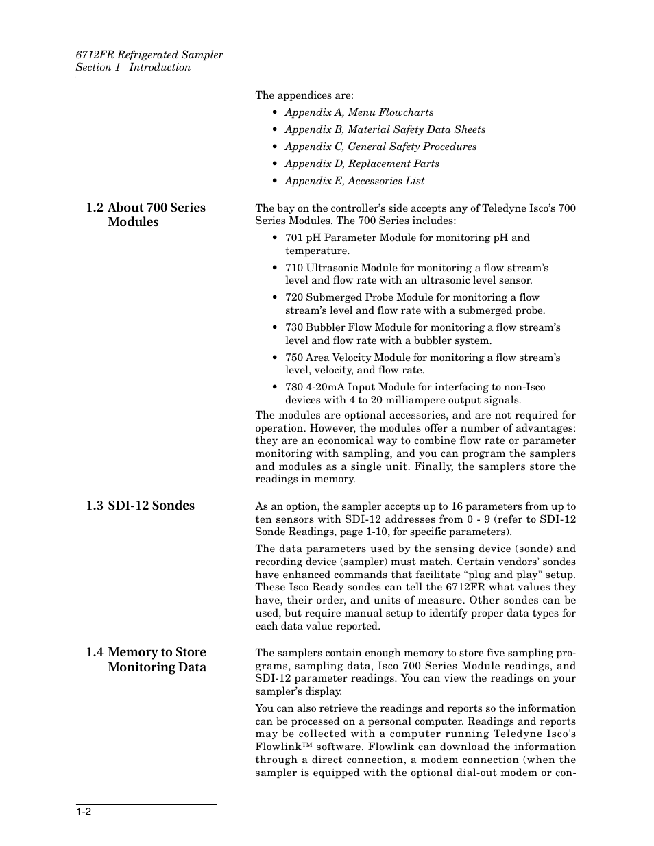 2 about 700 series modules, 3 sdi-12 sondes, 4 memory to store monitoring data | Teledyne Refrigerated Sampler 6712FR User Manual | Page 18 / 244