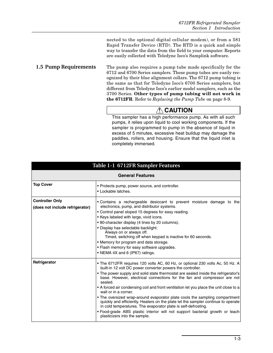 5 pump requirements, 5 pump requirements -3, 1 6712fr sampler features -3 | Caution | Teledyne Refrigerated Sampler 6712FR User Manual | Page 19 / 244