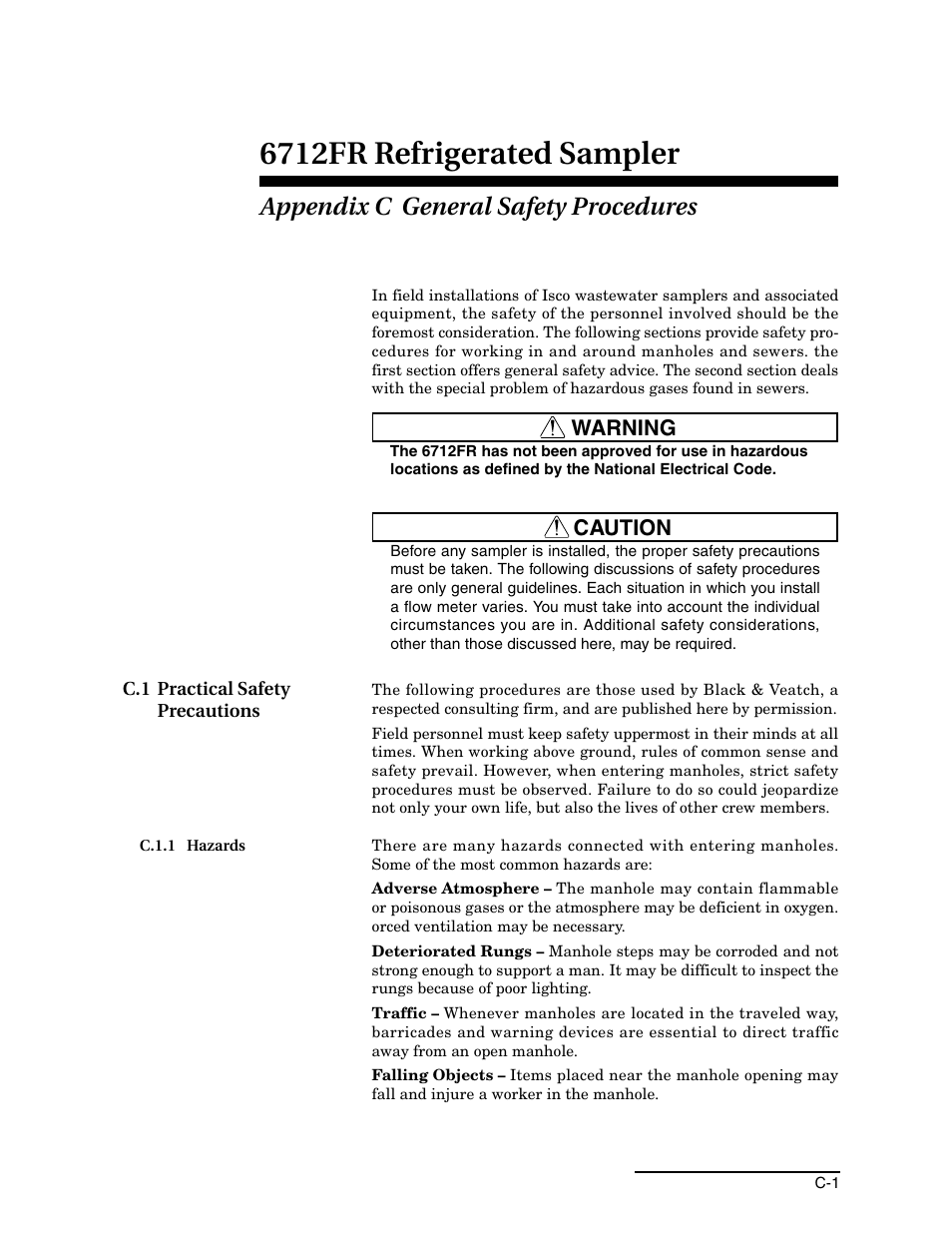 Appendix c general safety procedures, C.1 practical safety precautions, C.1.1 hazards | 6712fr refrigerated sampler, Warning, Caution | Teledyne Refrigerated Sampler 6712FR User Manual | Page 207 / 244