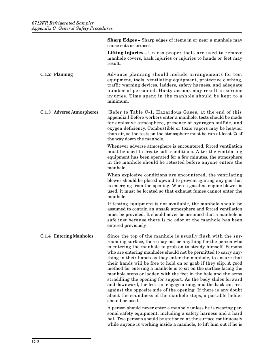 C.1.2 planning, C.1.3 adverse atmospheres, C.1.4 entering manholes | Teledyne Refrigerated Sampler 6712FR User Manual | Page 208 / 244