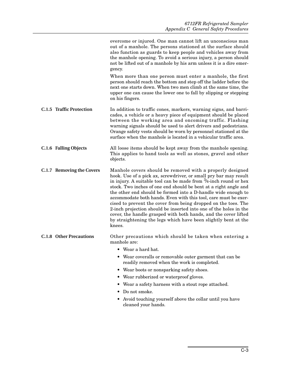 C.1.5 traffic protection, C.1.6 falling objects, C.1.7 removing the covers | C.1.8 other precautions | Teledyne Refrigerated Sampler 6712FR User Manual | Page 209 / 244