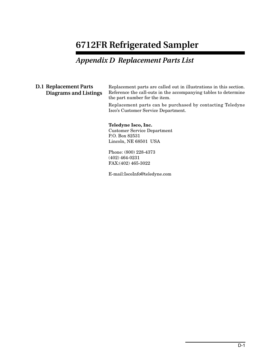 Appendix d replacement parts list, D.1 replacement parts diagrams and listings, 6712fr refrigerated sampler | Teledyne Refrigerated Sampler 6712FR User Manual | Page 217 / 244