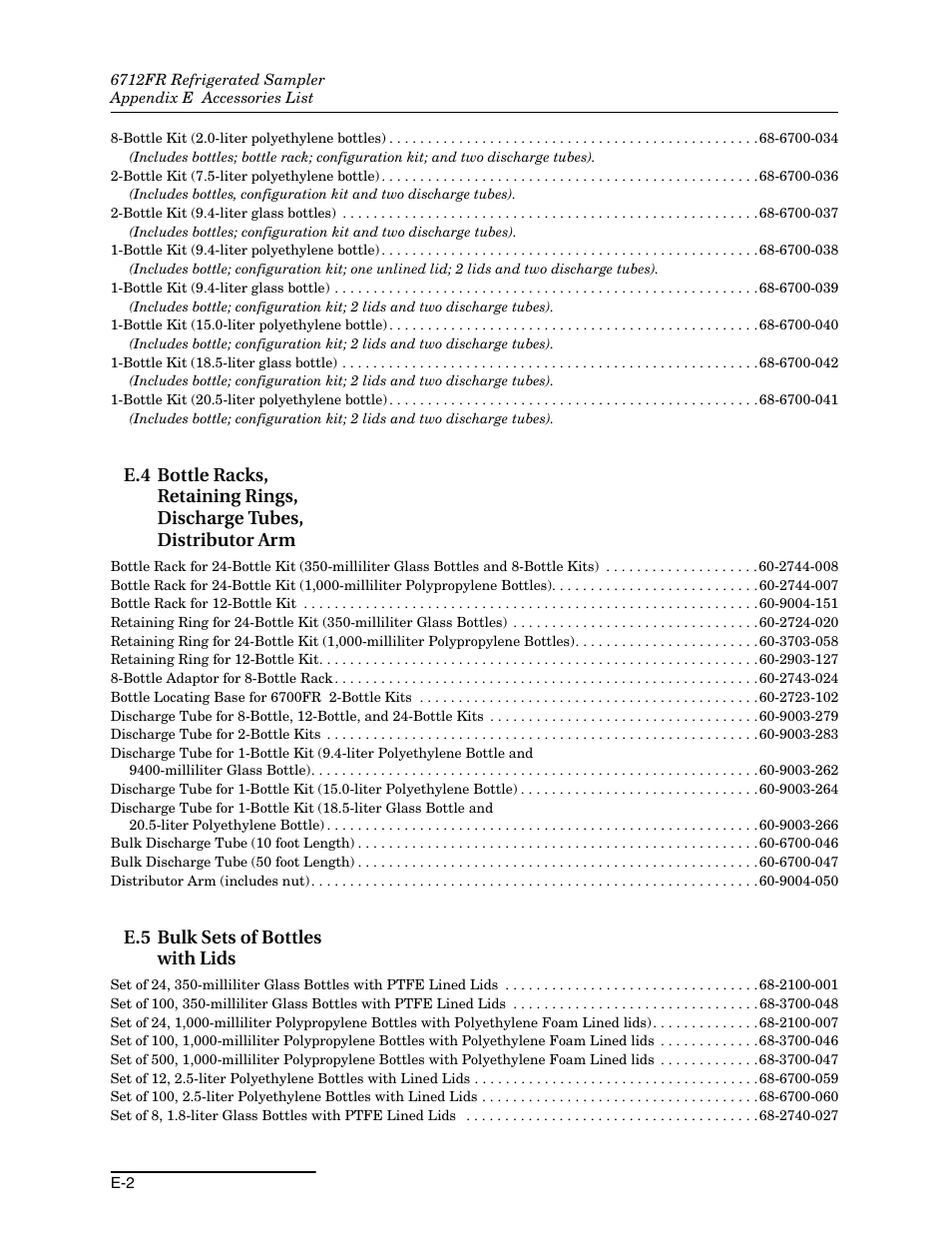 E.5 bulk sets of bottles with lids | Teledyne Refrigerated Sampler 6712FR User Manual | Page 228 / 244