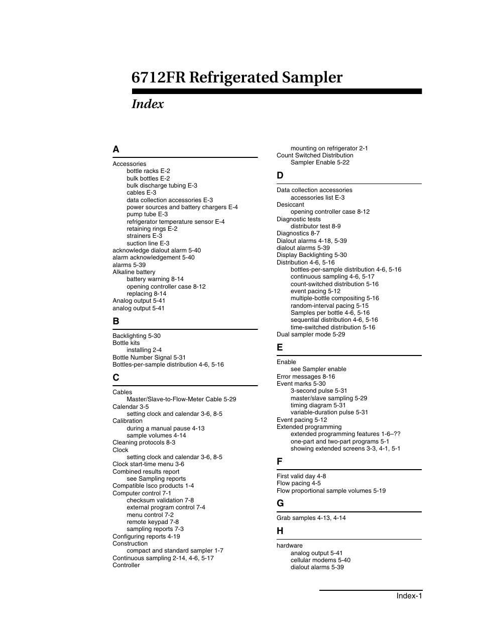 Index, 6712fr refrigerated sampler | Teledyne Refrigerated Sampler 6712FR User Manual | Page 233 / 244