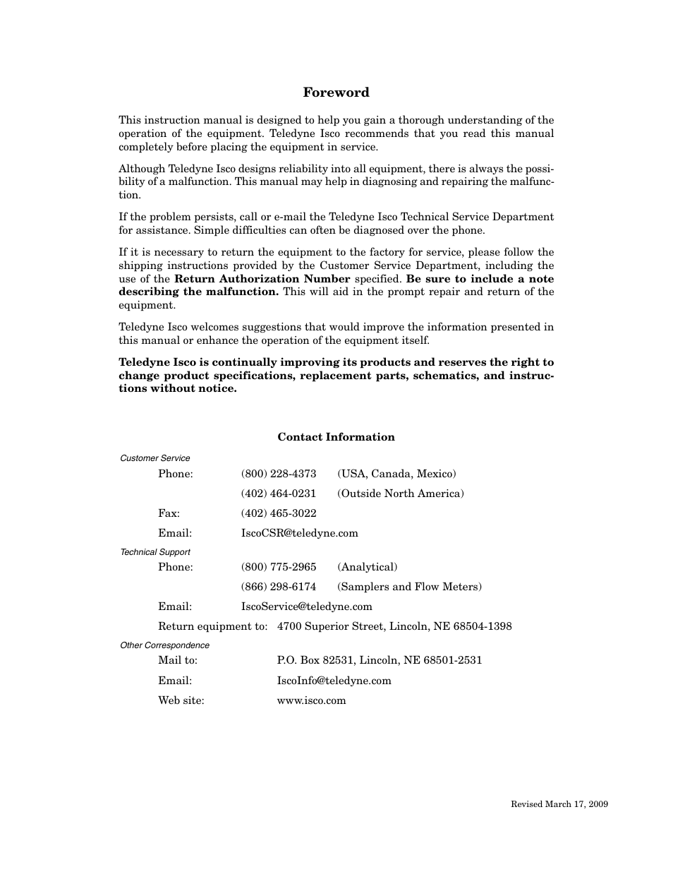 Foreword | Teledyne Refrigerated Sampler 6712FR User Manual | Page 3 / 244