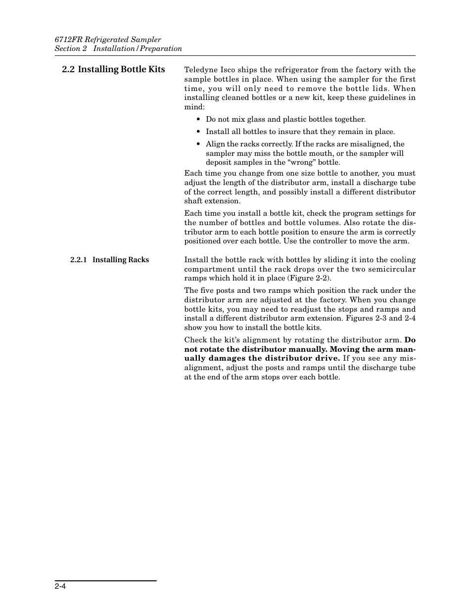 2 installing bottle kits, 1 installing racks, 2 installing bottle kits -4 | 1 installing racks -4 | Teledyne Refrigerated Sampler 6712FR User Manual | Page 34 / 244