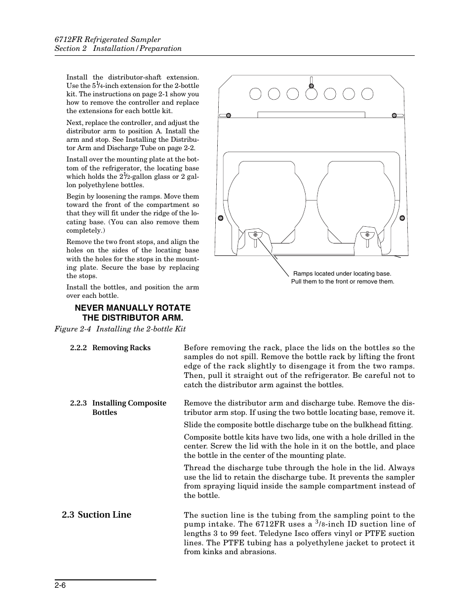 2 removing racks, 3 installing composite bottles, 3 suction line | 3 suction line -6, 4 installing the 2-bottle kit -6 | Teledyne Refrigerated Sampler 6712FR User Manual | Page 36 / 244