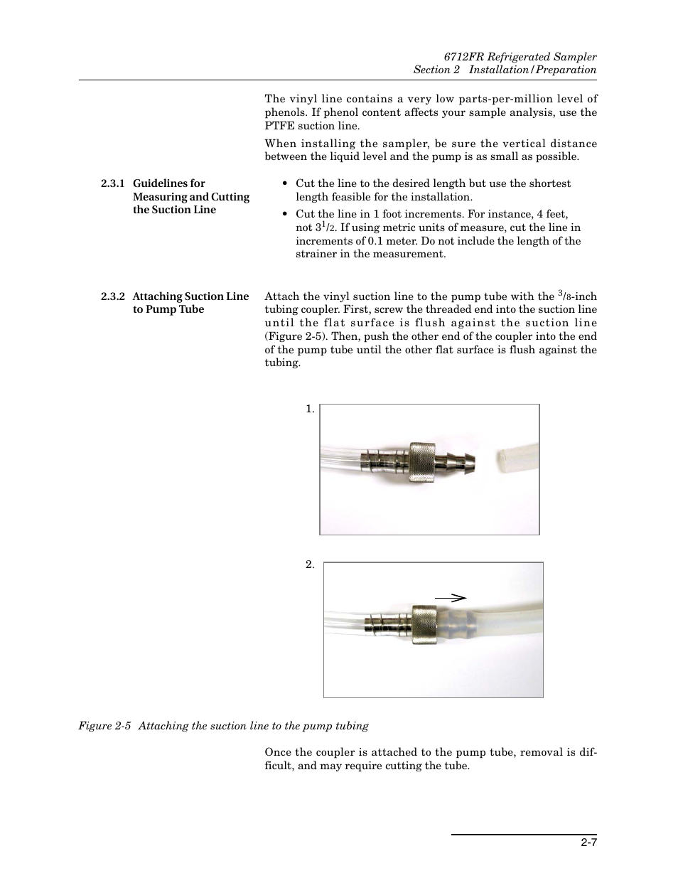 2 attaching suction line to pump tube, 5 attaching the suction line to the pump tubing -7 | Teledyne Refrigerated Sampler 6712FR User Manual | Page 37 / 244